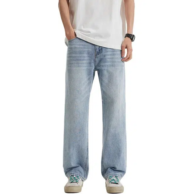 么宁 美式潮牌水洗宽松直筒舒适百搭运动休闲牛仔裤 男女同款