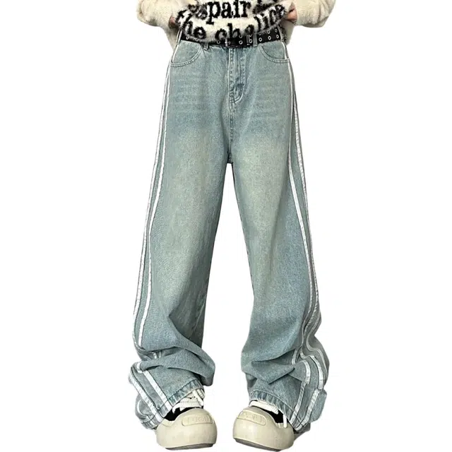 冈哉 美式水洗三条杠拼色拼接设计时尚潮流日常通勤休闲高街潮牌宽松直筒百搭阔腿裤牛仔裤 男女同款