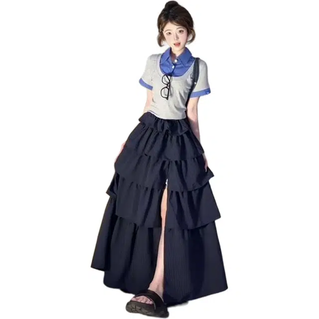 黛尔佳人 韩系一整套穿搭时尚设计感下摆开叉蛋糕半身裙+假两件拼接上衣裙装套装 女款