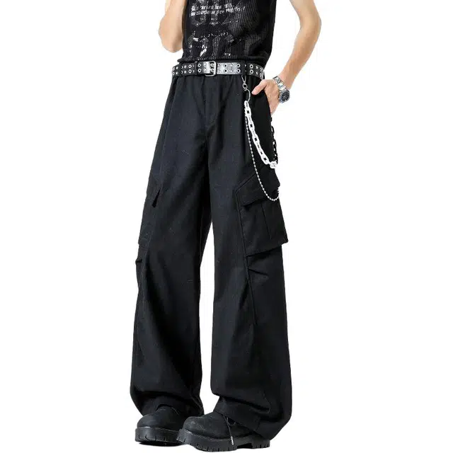 隐狼世家 男潮牌高级感阿美咔叽宽松休闲运动大口袋直筒裤工装裤 男款