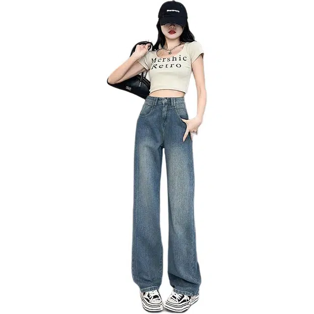 黛尔佳人 爆款高街星空纹阔腿女秋复古高腰显瘦直筒牛仔裤 女款