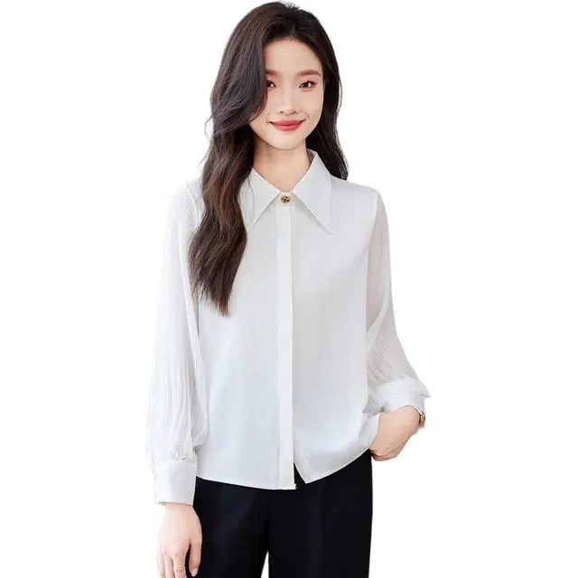 曲韩 通勤尖领宽松长袖衬衫 女款 白色