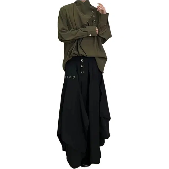 物质公式 美式复古慵懒高街黑暗系极简风新中式国风小众纽扣设计百搭高级感西裤山本耀世纯色飘带宽松直筒九分阔腿休闲裤 男女同款