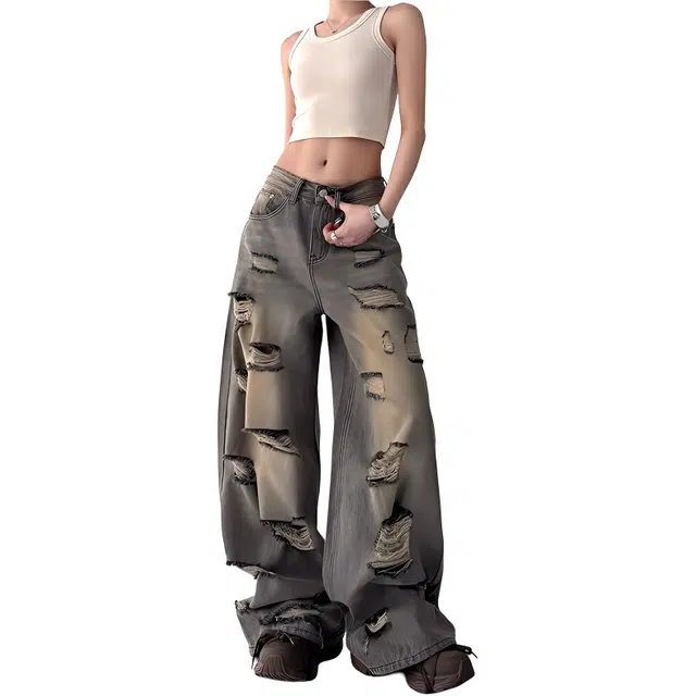 淑好百 美式破洞直筒高腰宽松简约舒适牛仔裤 女款 黑灰色