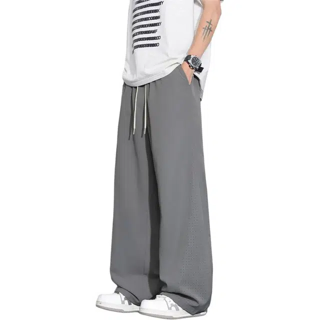 顶峰保罗 网眼透气宽松直筒阔腿潮牌纯色小众百搭运动凉感舒适速干长裤休闲裤 男女同款