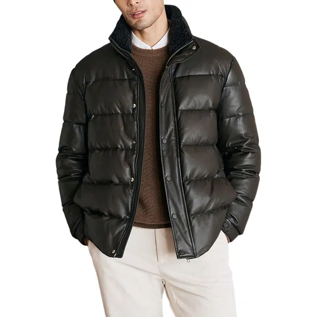 丹宁哲学 高品质绵羊皮蓬松保暖长袖立领直筒型皮衣 男款