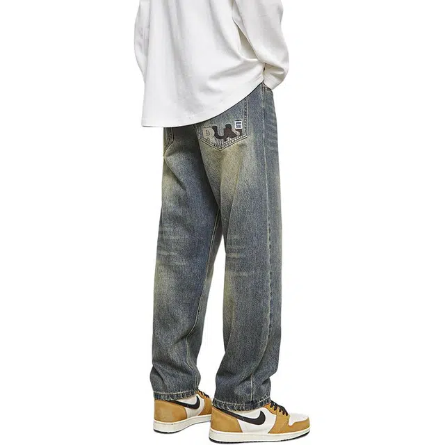 么宁 字母刺绣美式高街水洗做旧宽松直筒简约百搭潮流时尚舒适透气个性痞帅休闲运动牛仔裤 男女同款