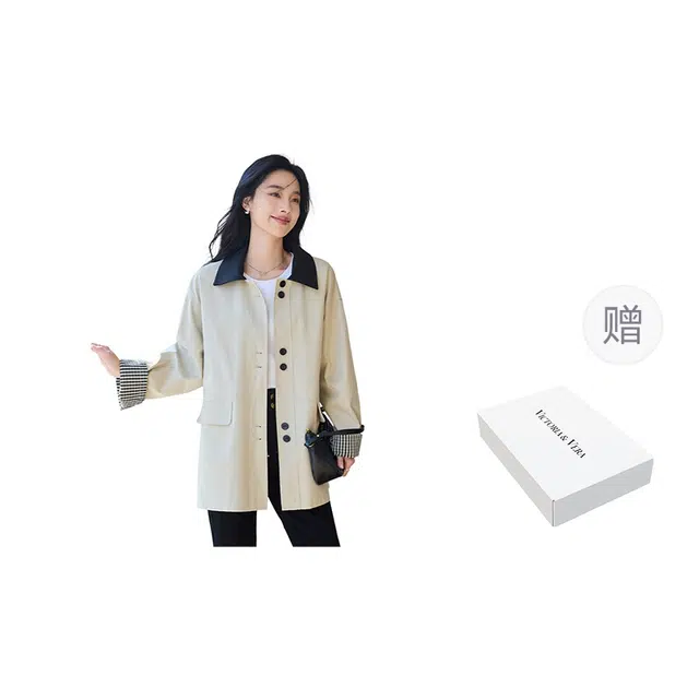 VICTORIA&VERA Spring Minimalist Plaid Trench Coat Beige