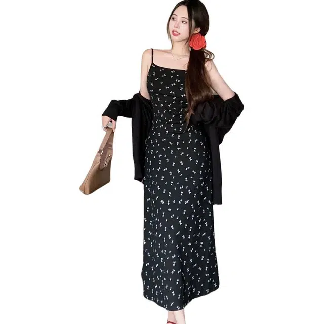 水中花 法式时尚优雅气质碎花茶歇性感修身显瘦包臀吊带连衣裙 女款