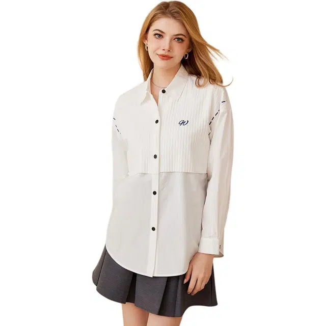 法文箱子 春,秋 假两件舒适时尚休闲百搭长袖衬衫 宽松 女款 白色