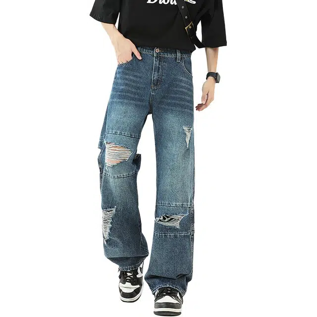 宝米卡 美式高街做旧水洗直筒百搭裤子潮流牛仔裤 男女同款