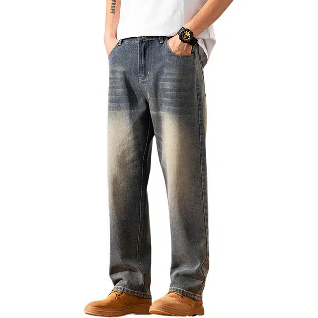 么宁 美式高街复古水洗做旧宽松直筒简约百搭潮流时尚舒适透气个性痞帅运动休闲牛仔裤 男女同款