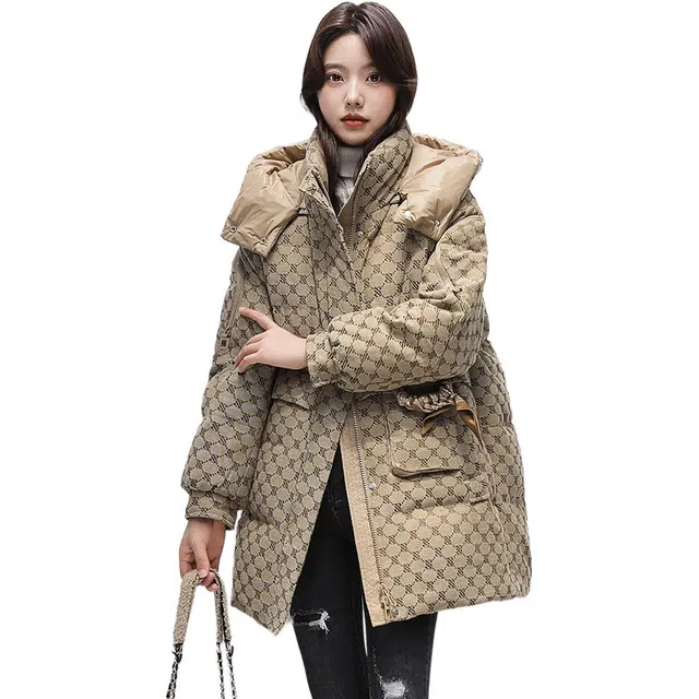 鸭鸭 格子印花宽松连帽中长款羽绒服 女款