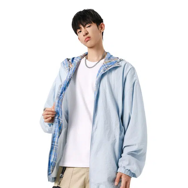 佐菲利 薄款速干防太阳防紫外线连帽美式高街格子拼接设计感高级感轻薄夹克外套 男女同款