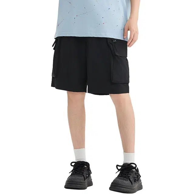 三福 街头潮流宽松橡筋腰直筒裤中腰五分裤工装短裤 男款