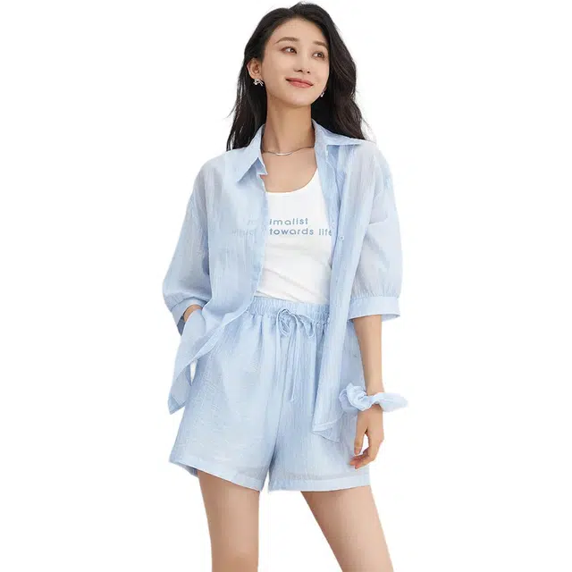 熙然 优雅七分袖翻领上衣纯色内搭简约短裤衬衫套装 女款