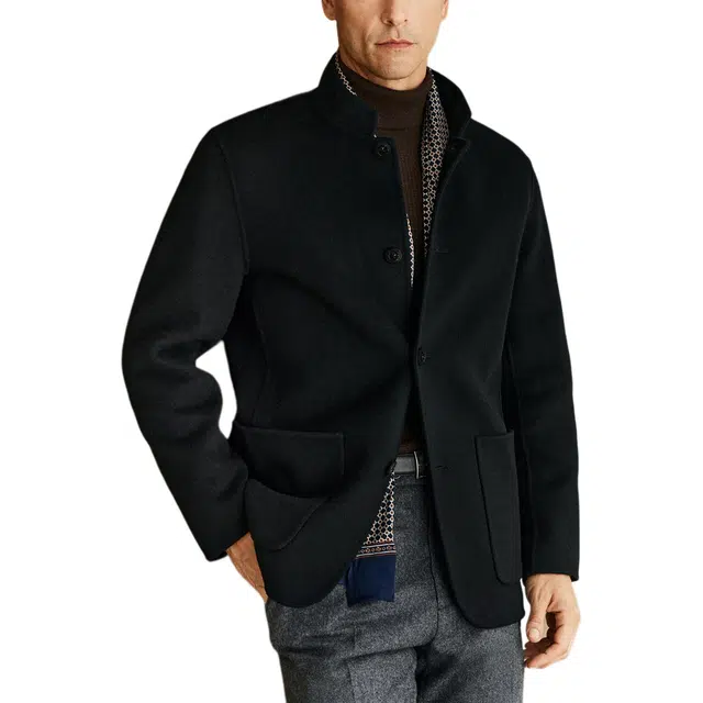 丹宁哲学 高端柔软羊毛纯色常规长袖无帽立领夹克 男款