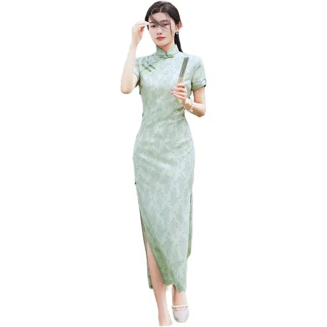 沐晓欣 旗袍年轻款高端气质改良长款素雅少女雪纺夏短袖连衣裙 女款