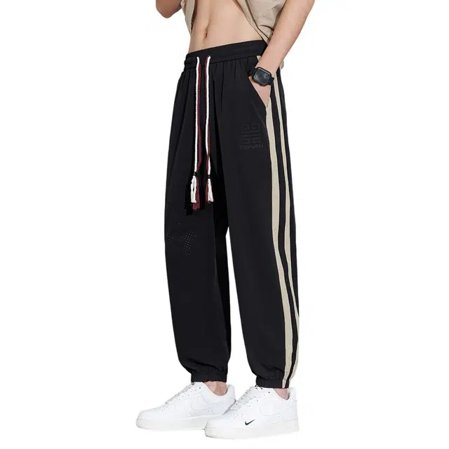 顶峰保罗 冰丝束脚运动条纹撞色无性别主义潮牌长裤宽松大码弹力阔腿松紧腰显高百搭休闲裤 男女同款