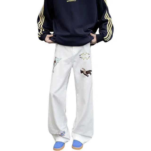 大白鲨 美式高街复古刺绣休闲百搭宽松潮牌直筒阔腿微喇长牛仔裤 男女同款