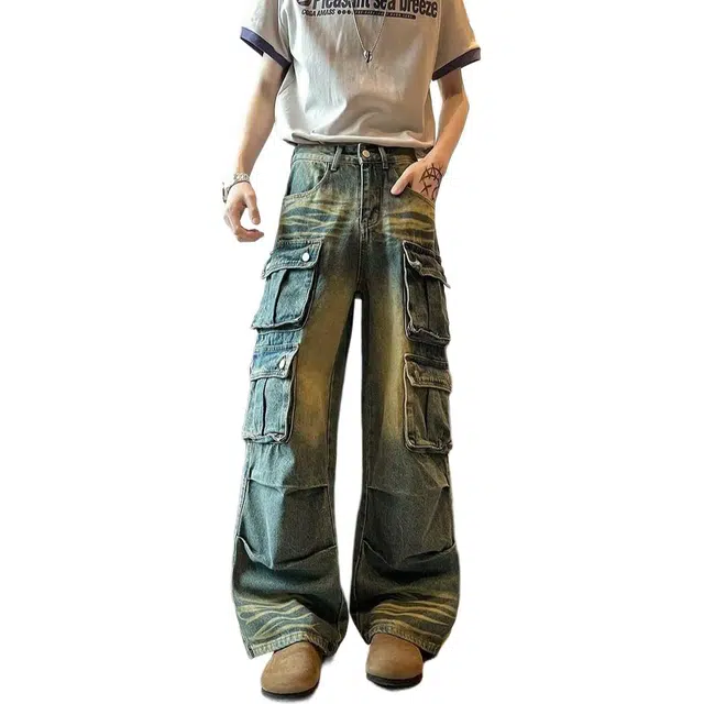 沃马 美式舒适高街宽松牛仔裤 男女同款 复古蓝