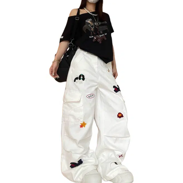 么宁 设计感刺绣小狗阔腿美式宽松直筒休闲工装长裤牛仔裤 女款