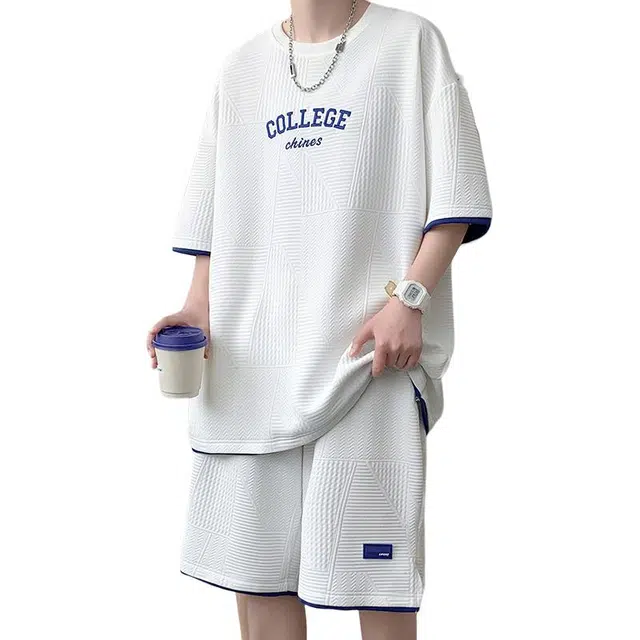 大白鲨 时尚潮流极简风字母短袖舒适百搭简约宽松五分裤休闲运动套装 男女同款