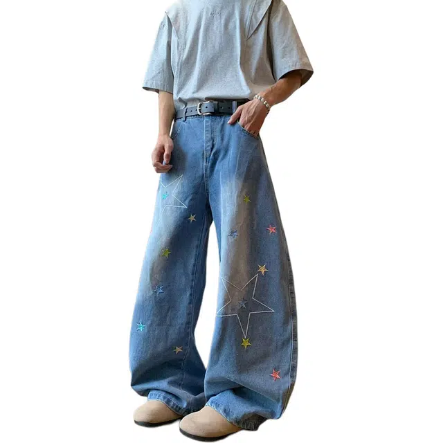 佐菲利 美式复古星星刺绣弯刀夏季宽松显瘦阔腿长裤子潮牛仔裤 男女同款