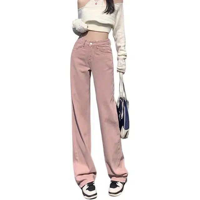 怪力萝莉 学院风高腰宽松直筒牛仔裤 女款