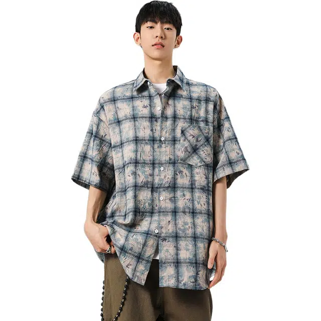 颂希尔 美式潮牌扎染时尚百搭宽松复古短袖衬衫 男女同款