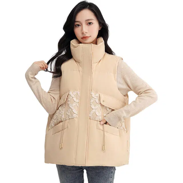 鸭鸭 纯色简约无袖立领羽绒服 女款 咖色