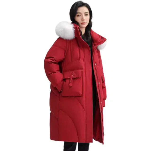 鸭鸭 中长款过膝毛领加厚保暖羽绒服 女款