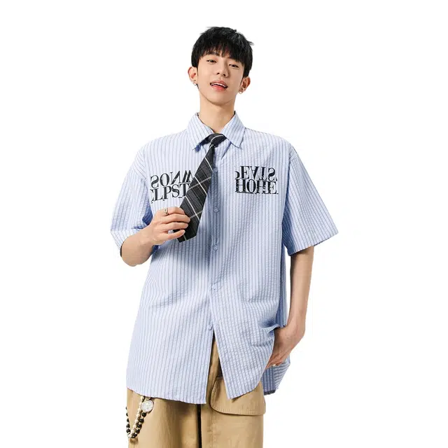 加荣 学院薄款透气泡泡条纹领带美式潮牌宽松帅气休闲短袖衬衫 男女同款