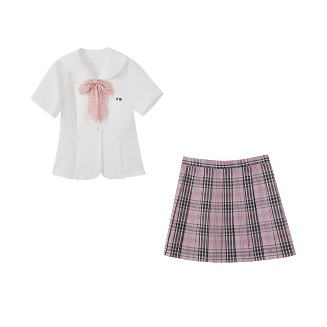 花山家的猫 日系校园风纯欲可爱甜美刺绣短袖收腰格子百褶裙制服 女款