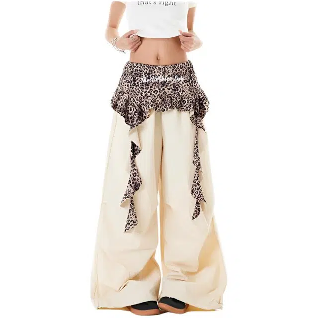 天才小熊 潮流时尚百搭高街设计感拼接豹纹屁帘宽松垂感阔腿裤子休闲裤 女款