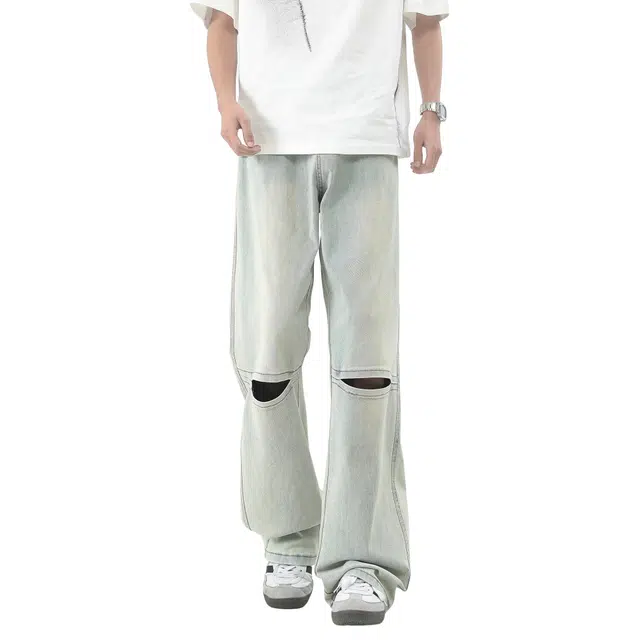 永言 膝部舒适时尚潮牌双色时尚流行裤新奇设计复古美式牛仔裤 男女同款