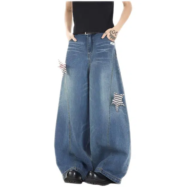 天才小熊 潮流时尚宽松休闲美式复古可拆卸弯刀裤垂感阔腿休闲裤牛仔裤 女款