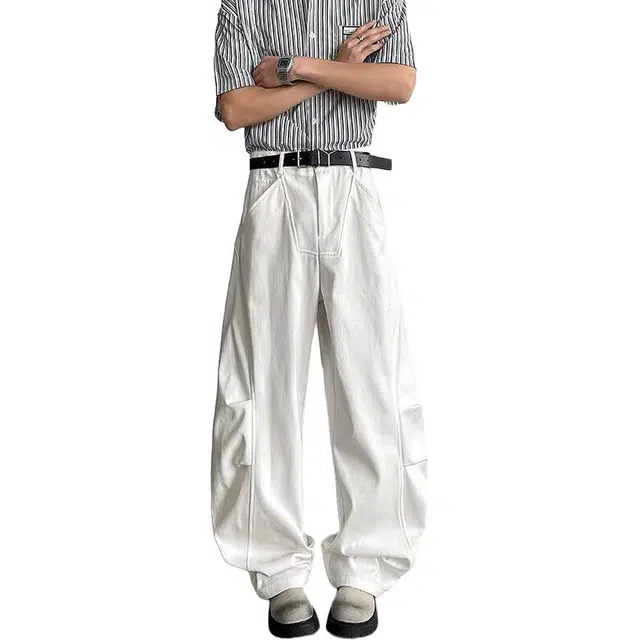 沃马 美式拼接水洗潮流阔腿学院风流行简约牛仔裤 男女同款 白色