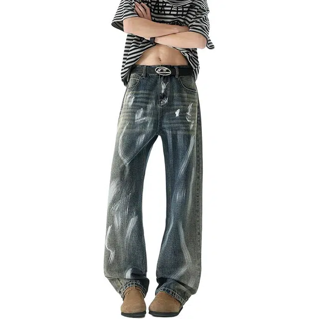 沃马 美式复古扎染水洗做旧废土风高级感窄版设计中腰学院风流行简约牛仔裤 男女同款 蓝色