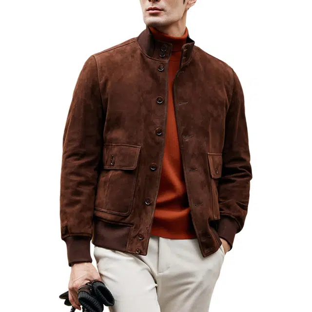 丹宁哲学 高档磨砂反绒绵羊皮纯色立领直筒型皮衣 男款