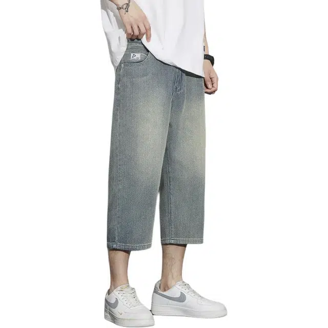 协协乐 美式潮牌宽松百搭直筒通勤七分休闲裤牛仔短裤 男款