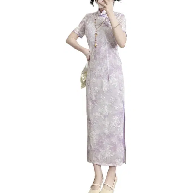 敲模女孩 新中式国风改良旗袍印花少女感收腰修身气质短袖连衣裙 女款