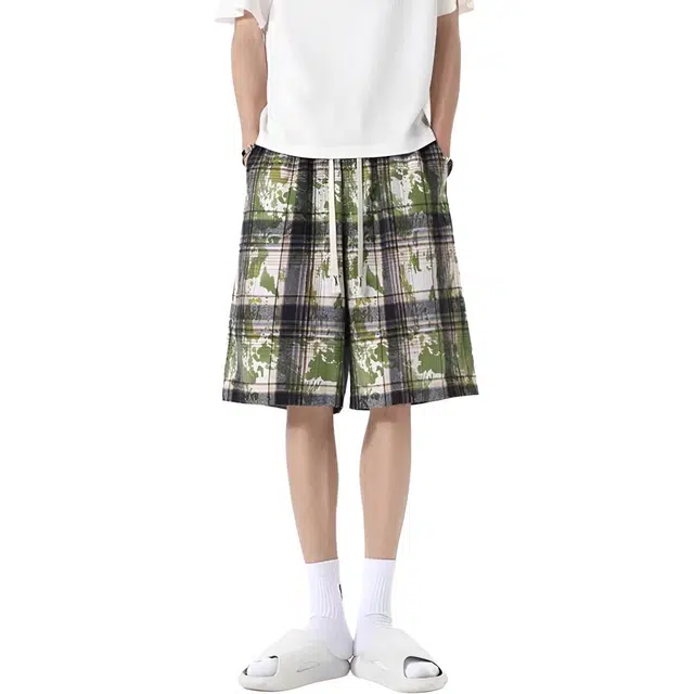 沐诚阳译 扎染设计感格子沙滩裤宽松中裤休闲短裤 男款