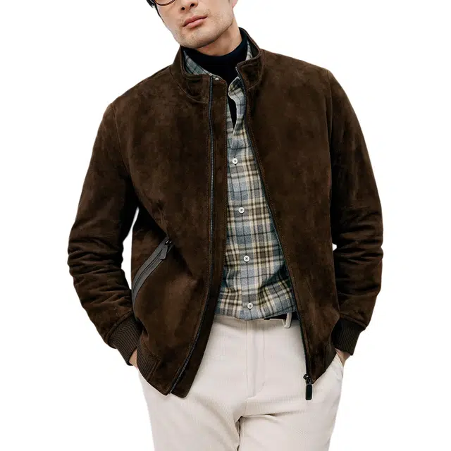 丹宁哲学 高档磨砂反绒纯色长袖立领直筒型皮衣 男款