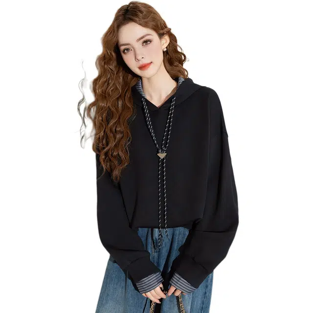 法文箱子 拼接休闲假两件长袖卫衣 女款