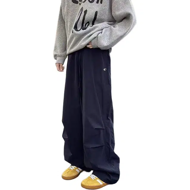 徐百货 刺绣裤子夏季美式复古垂感阔腿裤高级感褶皱宽松伞兵裤休闲裤 男女同款