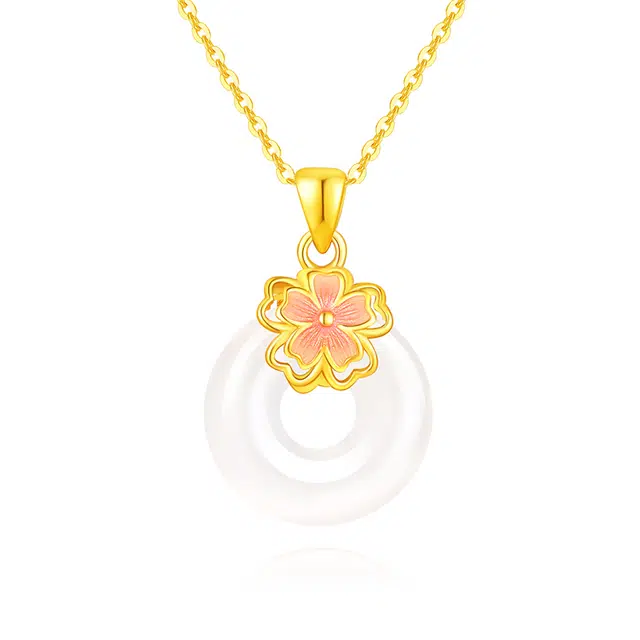 金六福吉祥 花漾平安扣套链 新中式国风精致百搭锁骨链小众不撞款轻奢时尚百搭通勤本命年生日礼平安纳福#好运 玉髓 玉石项链 女款