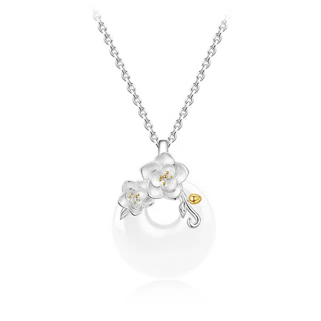 庆怡 山茶花平安扣 新中式国风温婉动人气质百搭平安纳福山茶花 玉髓 玉石项链 男女同款情侣款