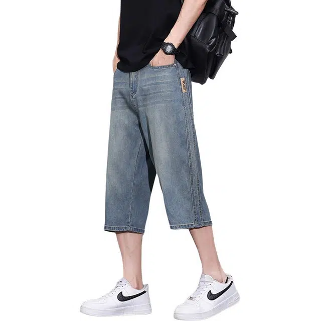 协协乐 天丝七分裤夏季薄款凉感透气大码美式高街工装冰丝休闲百搭运动中裤子牛仔短裤 男款