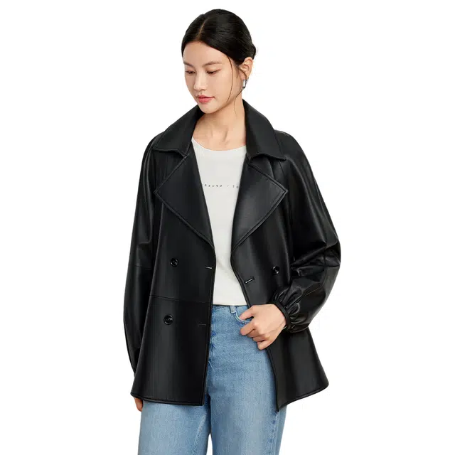 富铤 时尚翻领休闲日常通勤百搭舒适保暖宽松皮衣 女款 黑色